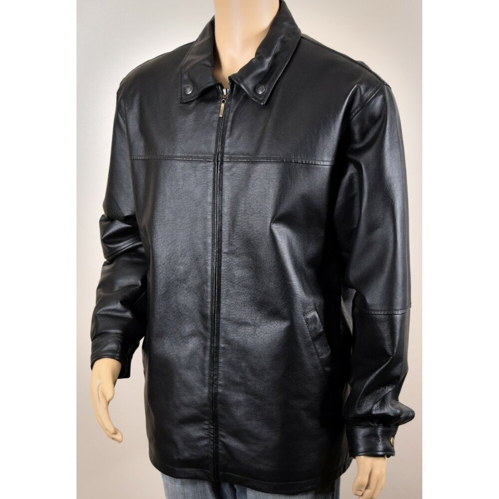 Black Button Collar Full Zipper Front Genuine 100% Leather Jacket/Coat Men's XL